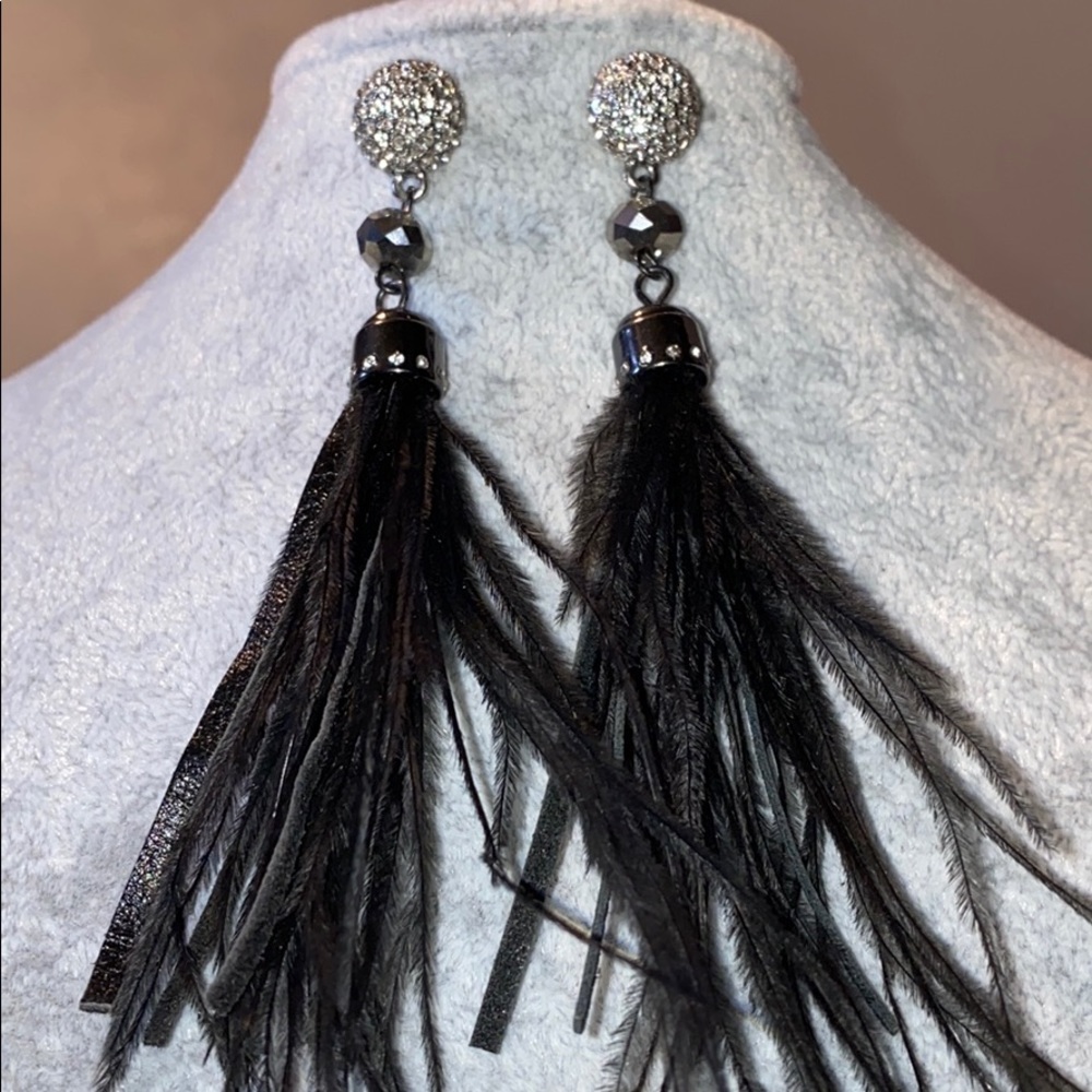 WHBM FEATHER LEATHER FRINGE EARRINGS
